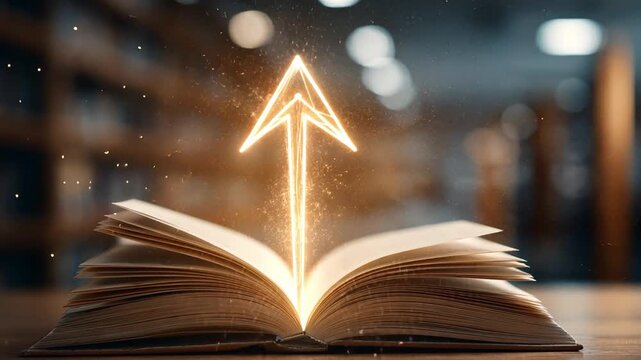 Knowledge Ascent: An open book serves as a launchpad, as a glowing arrow representing upward trajectory surges, symbolizing progress and expansion.