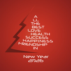Fototapeta premium All the best in New Year 2026 white shining typography on cut out paper Christmas tree. Word cloud greeting text on red background
