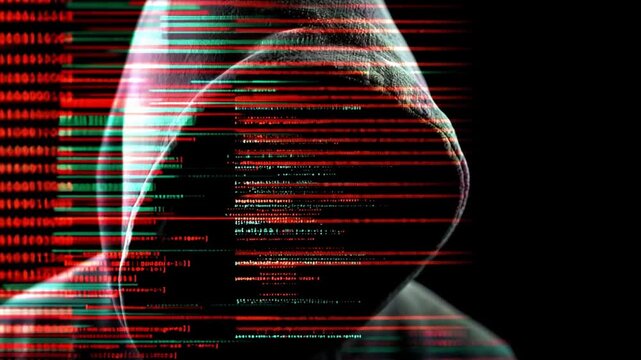 Digital Enigma: A hooded figure shrouded in mystery, with binary code layered over their silhouette, representing the hidden depths of the digital realm. 