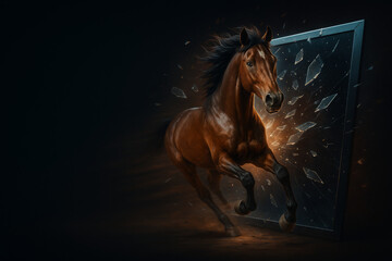 Symbolic representation of the Year of the Horse 2026 with a majestic chrome equine figure melting into a liquid form on a black background