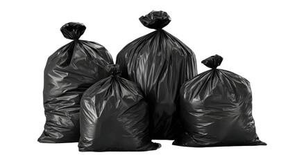 Full black plastic trash bags with tied tops showing garbage waste collection and disposal containers isolated on white background