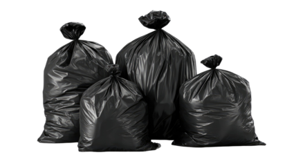 Full black plastic trash bags with tied tops showing garbage waste collection and disposal containers isolated on white background