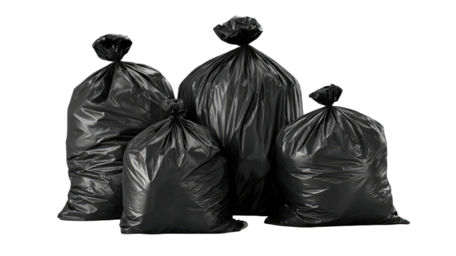 Full black plastic trash bags with tied tops showing garbage waste collection and disposal containers isolated on white background