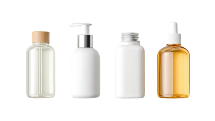 Skincare bottles with smooth surface and elegant minimal shape showing beauty product containers for cosmetic routine isolated on white background