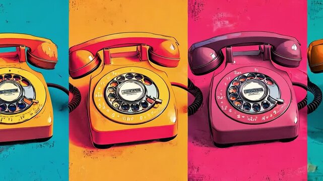 Retro Phones in Vibrant Colors: A quartet of vintage telephones, each radiating distinct hues against a backdrop, create a captivating visual symphony.