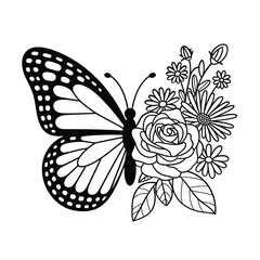 Elegant monarch butterfly with delicate floral arrangement in outline style © tarek