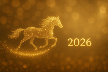 A celestial golden horse silhouette made of sparkling glitter particles gallops into the year 2026, symbolizing the Chinese New Year on a dark bokeh background