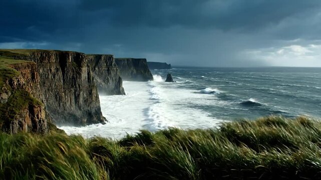A rugged cliff face with crashing waves under a stormy sky, windswept grasses in the foreground