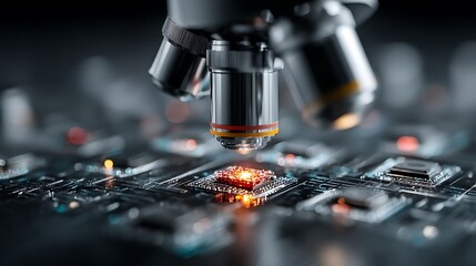 High-tech lab table with glowing AI chip under magnifier, futuristic reflections, soft depth of field, clean center space for text or branding, advanced technology and innovation concept.