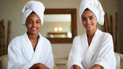 Two women are sitting in bathrobes and smiling