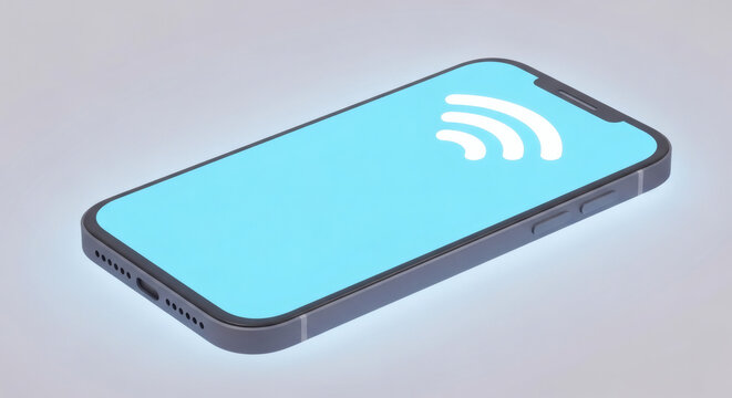 A modern smartphone displaying a glowing blue screen with a Wi-Fi signal icon.