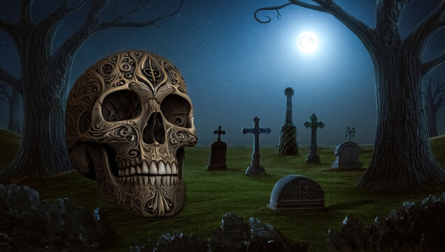 Skull is in front of a cemetery