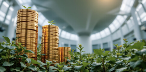 Eco finance growth with gold coin stack, green plant sprout, sustainable investment, wealth concept, modern architecture, soft light optimism