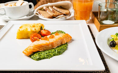 A delicious salmon fillet is elegantly presented on a plate with green sauce and fresh veggies