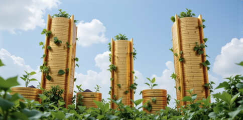 Golden coin towers vertical farm eco growth sustainable economy green finance plant vines blue sky clean energy future city prosperity
