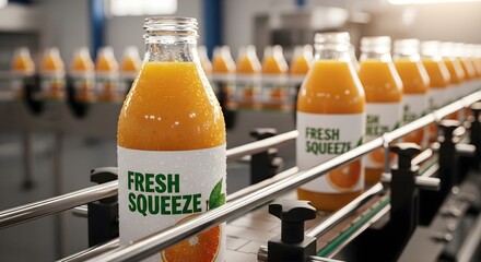 Bottles of fresh orange juice on a production line