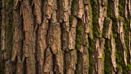 Obraz premium Rough, textured tree bark with patches of moss, showcasing natural patterns and earthy tones.