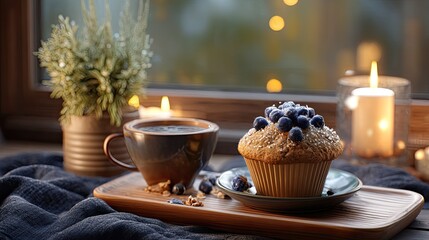 Fototapeta premium Warm Cup of Coffee and Blueberry Muffin on Wooden Tray with Cozy Ambience and Soft Candles in Background