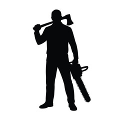 Silhouette of a lumberjack holding an axe and a chainsaw against a white background