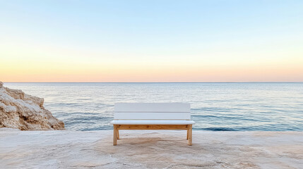 Obraz premium Serene coastal scene featuring white wooden bench overlooking calm waters at sunrise
