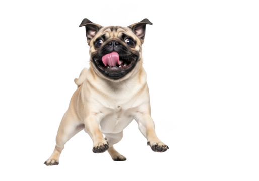 Excited running pug puppy dog with tongue out funny face cute pet animal canine breed isolated on transparent background