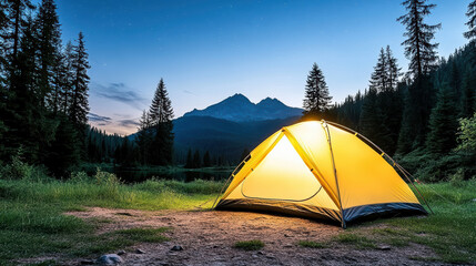 Glowing tent in serene forest setting, surrounded by tall trees and mountains