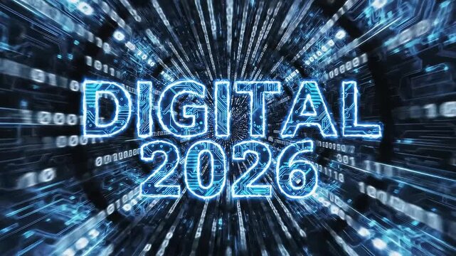 Digital 2026 &ndash; Futuristic Data Tunnel with Binary Code, Circuit Board Text & Glowing Blue Light, Tech Innovation Background