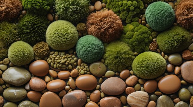 Dense collection of mossy textures and smooth river stones