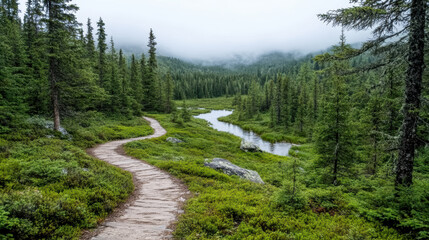 Winding trail through lush forest, serene river, misty mountains background, peaceful nature