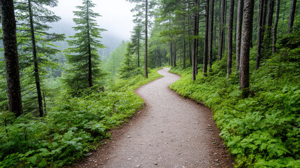 Fototapeta premium Winding trail through lush green forest, surrounded by tall trees and misty atmosphere