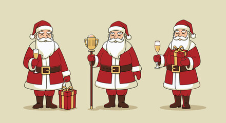 Three Santa Claus figures, one holding a gift, another a drink, and the third a golden staff.