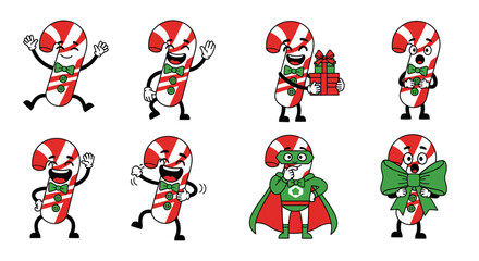 Collection of cartoon candy canes in various poses, holding gifts, and wearing a bow and superhero costume.