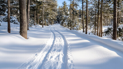 Obraz premium Fresh snow covers forest trail with light footprints, creating serene winter scene