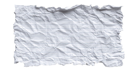 Crumpled lined notebook paper sheet with folded creases and rough texture showing used stationery and writing material isolated on white background