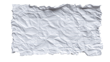 Crumpled lined notebook paper sheet with folded creases and rough texture showing used stationery and writing material isolated on white background
