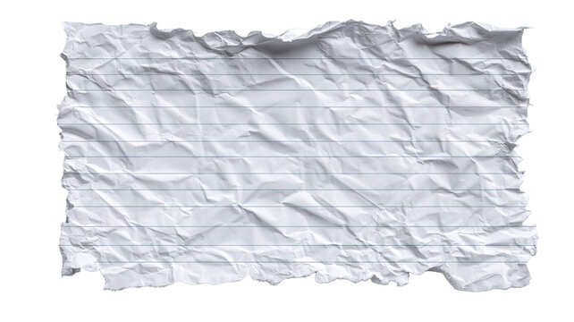 Crumpled lined notebook paper sheet with folded creases and rough texture showing used stationery and writing material isolated on white background