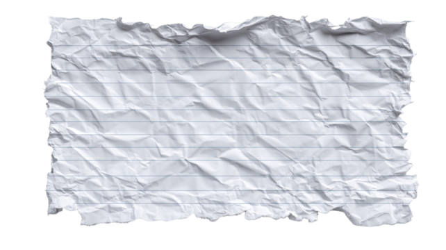 Crumpled lined notebook paper sheet with folded creases and rough texture showing used stationery and writing material isolated on white background