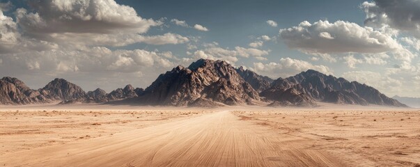 Fototapeta premium Desert scene with a winding road leading toward mountains under a cloudy, dramatic sky