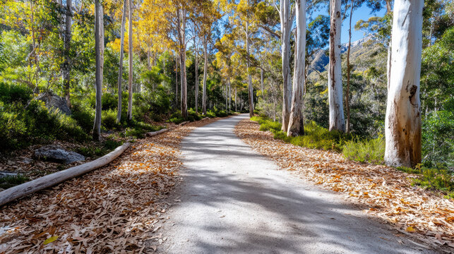 Gentle trail through eucalyptus trees with dry leaves creates serene atmosphere