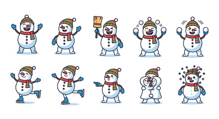 Collection of snowman illustrations in various poses and activities, including throwing snowballs and holding a broom.