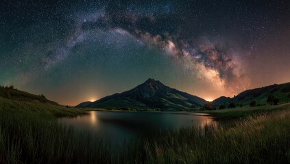 Panoramic view of a mountain range reflecting on a calm lake under a vibrant starry sky