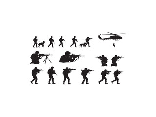 Naklejka premium Illustration of silhouette of soldiers in various poses, including walking, running, aiming rifles, and with a dog