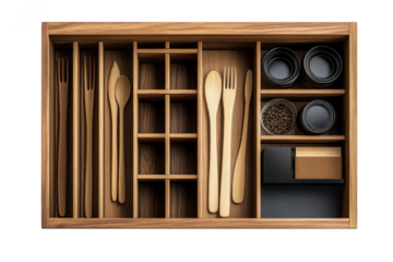 Wooden kitchen drawer organizer with cutlery, spoons, forks, knives, and spice jars for home organization and storage isolated on transparent background