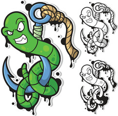 Angry Worm on Hook Cartoon Vector Illustration