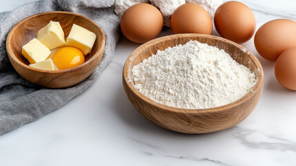 Fresh eggs, flour, butter, and cozy kitchen setting create perfect baking atmosphere