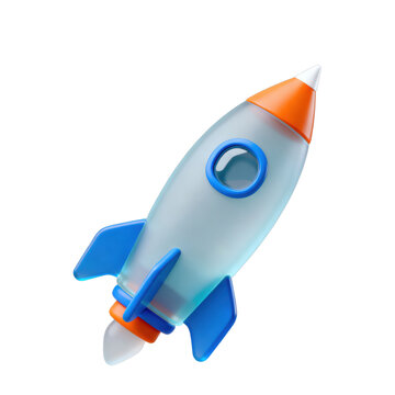 A Cartoon-style Rocket Illustration with Light Blue Body, Orange Rings, Blue Wings, and a Circular Window
