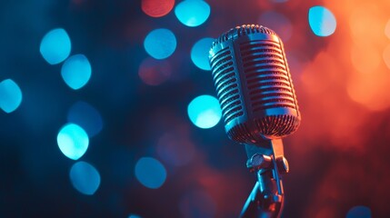 Vintage microphone stands ready on stage with colorful lights in the background during a live music event at night