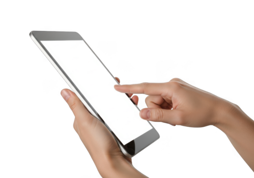 Hand holding and touching blank screen tablet device mockup, digital technology concept, isolated on transparent background