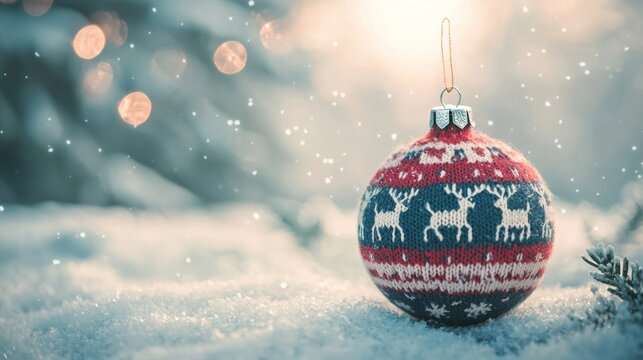 Brightly colored Christmas ornament hangs on a snowy tree in a festive winter setting