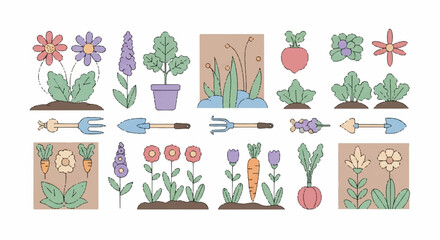Gardening Icons A Collection of Colorful Illustrations Featuring Tools and Plants in Minimalist Style